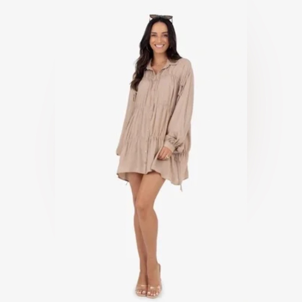 Kittenish - Tan Long Sleeve Western Style Flowy Mini Dress